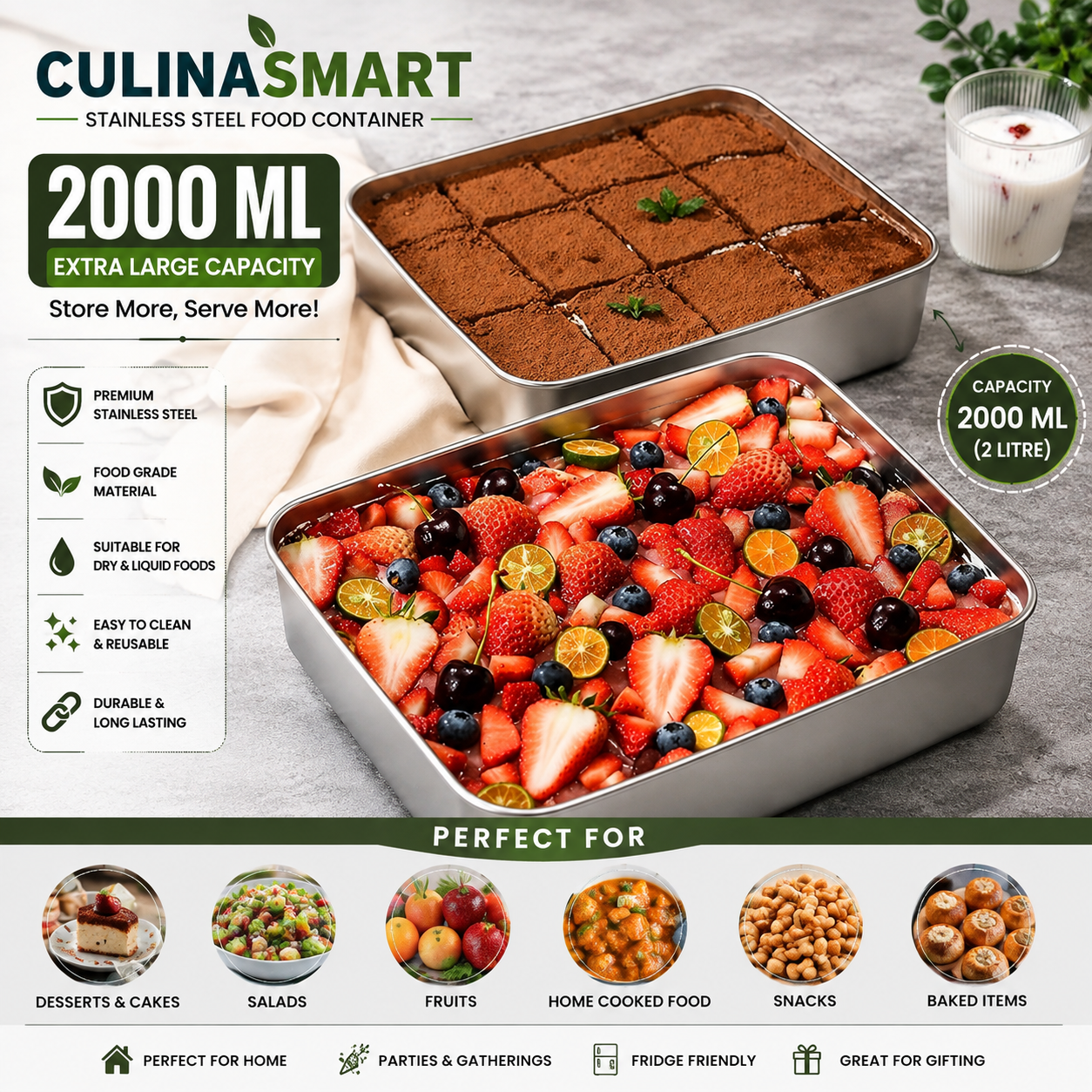 2000ml Stainless Steel Food Storage Container