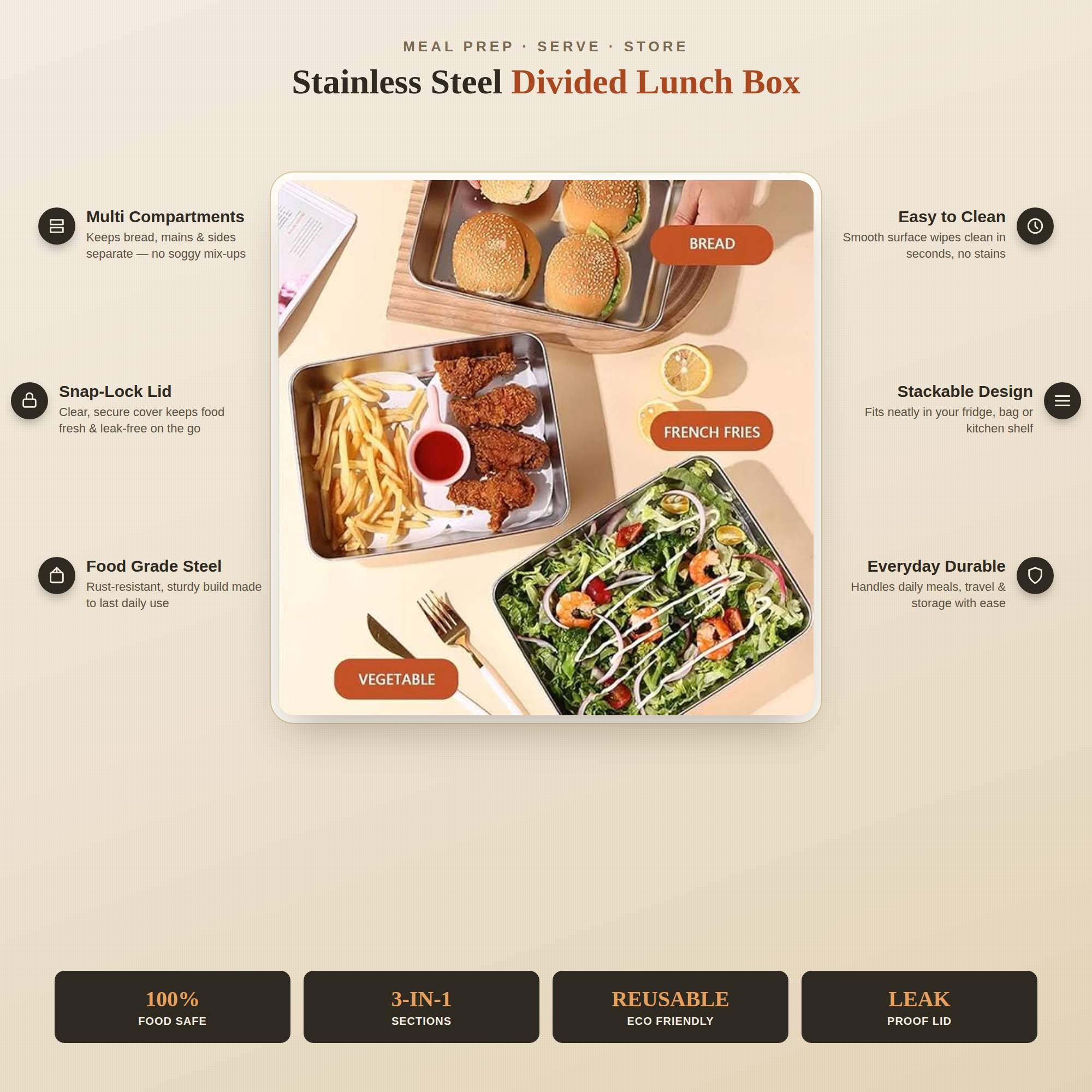 2000ml Stainless Steel Food Storage Container