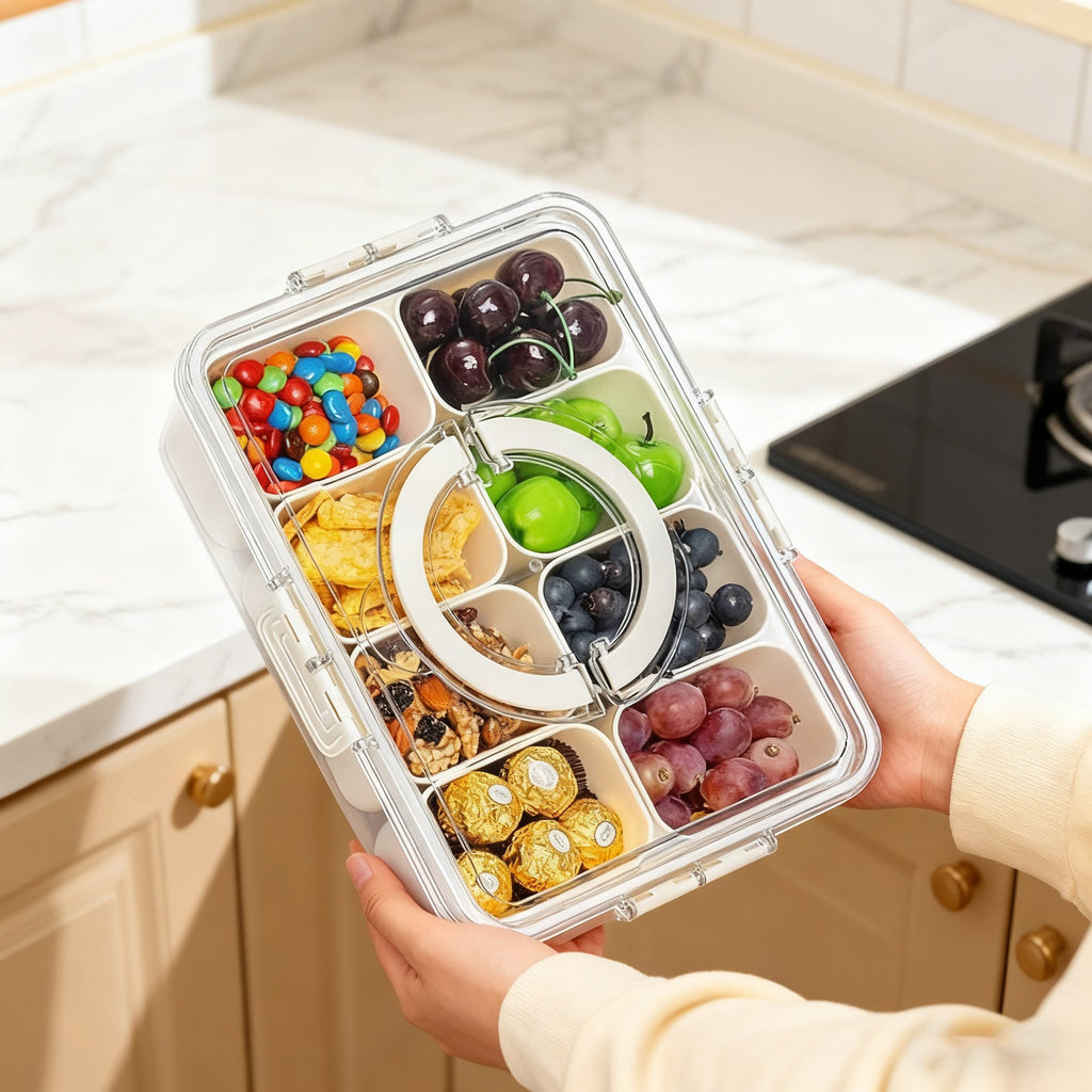 Sectioned storage box in use with vegetables